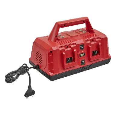 Red Meec Tools Multiseries 4-ports laddare med handtag, fyra platser, indikatorlampor och strömkabel med europeiskt uttag.