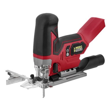 Röd och svart sladdlös Meec Tools JS-18V WORK 700 sticksåg med 18V batteri, blad, genomskinlig skydd, ergonomiskt handtag, justerbar bas.