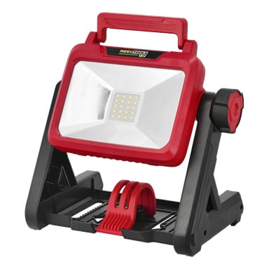 Rot-schwarze Meec Tools LD-18V HOME 500 LED-Arbeitslampe mit Griff, verstellbarem Stativ und einem zentralen Cluster kleiner LEDs.