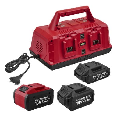 Meec Tools ULTIMATE POWER PACK: czerwono-ładowarka z podwójną baterią z uchwytem, kablem zasilającym i trzema bateriami 18V (6.0, 4.0, 2.0 Ah).