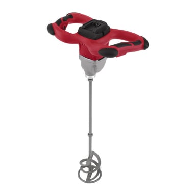 En rød og sølvfarget Meec Tools CM-18V HOME 300 batterimikser med lang metallaksel og spiralformet paddel for å blande maling eller materialer.
