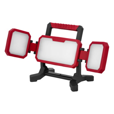 Lampa LED Meec Tools Multiseries LD-18V WORK 700 posiada trzy regulowane czerwone i białe panele na czarnym podstawie z górnym uchwytem.