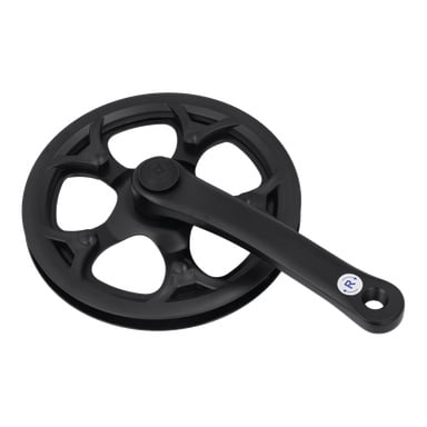 Ett svart vevar för elcykel med ett femekras kedjeblad och ansluten vevarm, uppställd i vinkel.