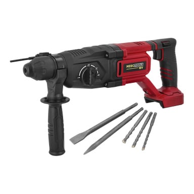 Czarno-czerwony młot Młot Meec Tools Multiseries HD-18V z boczną rączką, pokazany obok czterech wierteł i dłut.