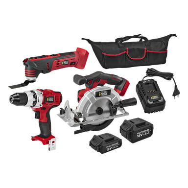Meec Tools Multiseries DECK WORK PACK 7-delat kit med borr, såg, oscillerande verktyg, batterier, laddare, väska och strömkabel.