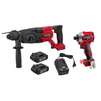 Meec Tools Multiseries Impact kit för betong och murverk BORR-KOMBOPACK med en sladdlös roterande borrmaskin, slagskruvdragare, två 18V-batterier och en batteriladdare.