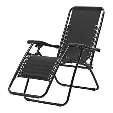 Kayoba Sun-stol Baden-Baden är en svart fällstol som fälls ihop, byggd med en stark metallram och tygsits. Sidorna visar en iögonfallande spetsrad bungee-snoddsdetalj. Den har armstöd och ett ryggstöd som är placerat i en lätt vinkel för komfort.