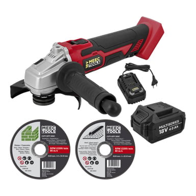 Meec Tools Multiseries vinkelslip AG-18V HOME 500 i rött och svart, med sidohandtag, batteri, laddare och två märkta skivor.