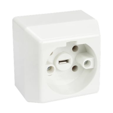 Ett vitt, fyrkantigt Anslut Stove-uttag har ett centralt runt uttag och en USB-port, lämplig för europeiska kontakter och inrymd i plast.
