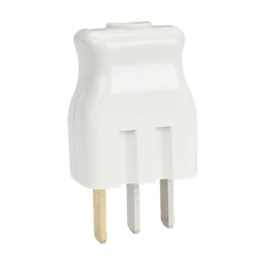 Et detaljert bilde av en Anslut Stove-plugg, med en hvit tre-pinners elektrisk adapter med synlige messing- og sølvstifter.