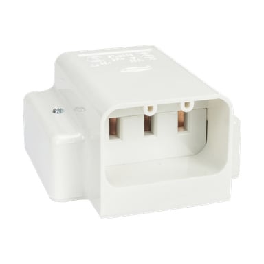 Anslut-ovnskontakt: en hvit, rektangulær elektrisk komponent med to kobberkontakter synlige inne i en innfelt spor. Oversiden har en skrue og hevet støpt tekst.