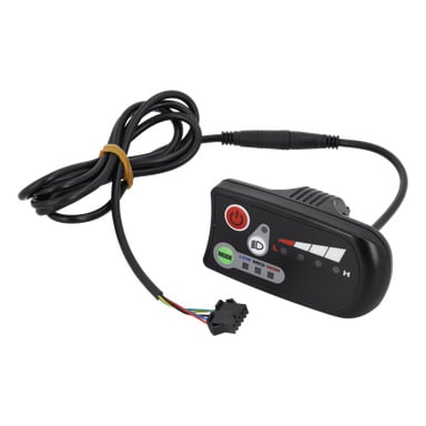Svart kontrollpanel för elcykel, med knappar, indikatorlampor, lägesväljare och en lång kabel med kontakt.