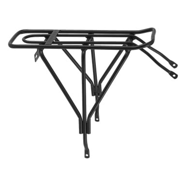 Ett svart metallbagageställ för elcyklar har flera stödstänger och monteringspunkter för att bära väskor eller last över bakhjulet.