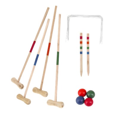 Kayoba Croquet-sett inkluderer fire treklubber med fargede bånd, fire fargede baller, to stripete påler og seks metallwickets.
