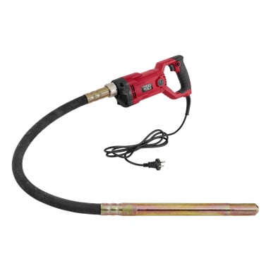 Przenośny wibrator betonowy Meec Tools ma czerwone ciało, kabel i węże oraz metalową głowicę wibrującą.