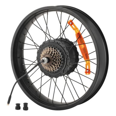 En elcykel med bakfälg har ett svart ekrahjul med motornav, växelkassett, orange momentarm, strömkabel och två svarta cylindrar.