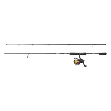 Abu Garcia Black Max Combo: svart todelt fiskestang, spinnesnelle, skumhåndtak, flere lineguider, rød og gul spole.