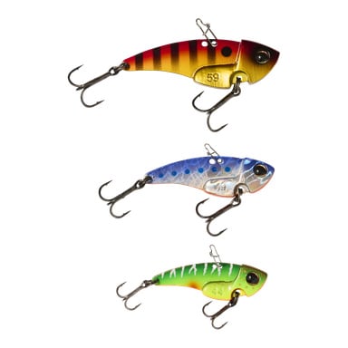 Abu Garcia Vibrating PowerBlade 3-pack: Tre beten med dubbla treble-krokar—röd/gul, blå/silver med fläckar, grön/gul randig.