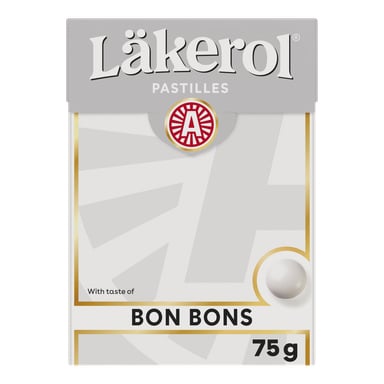 75g Läkerol Bon Bons Big Pack med huvudsakligen vit förpackning, grå och guldfärgade detaljer och vikten visas nere i högra hörnet.