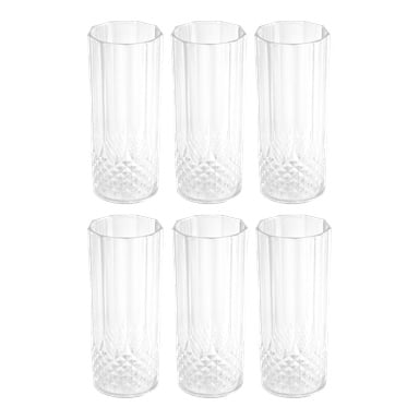 Sett bestående av seks klare Alpina-plastglass med fasetterte bunner og rette sider, pent arrangert i to rader på tre.