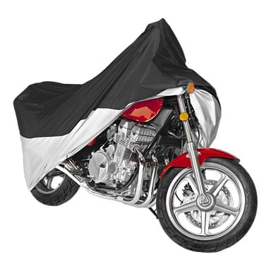 Czerwony motocykl, częściowo ukryty pod czarno-szarą osłoną Hamron, ma odsłonięte przednie koło, silnik i kierownicę.