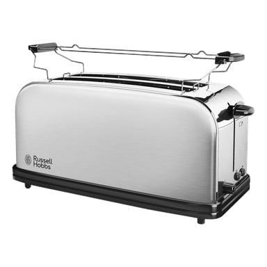 Russell Hobbs Adventure toster 4-slice z korpusem ze stali nierdzewnej, podgrzewaczem, dźwignią boczną i podstawowymi pokrętłami do ustawiania.