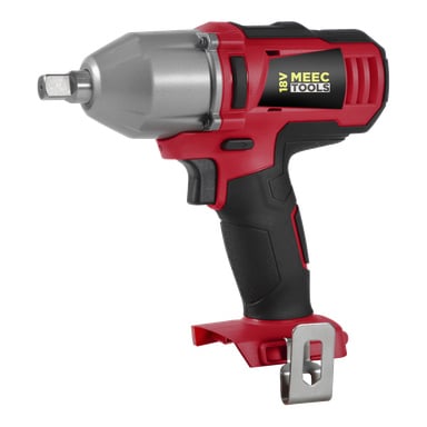 En rød og svart Meec Tools IW-18V EASY 100 trådløs slagnøkkel med sølvfarget metallhode, svart grep og belteklips i bunnen.