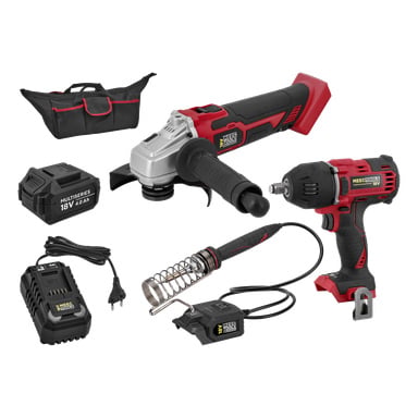 Das Meec Tools Multiseries Garage Pack enthält einen Winkelschleifer, einen Schlagschrauber, einen Lötkolben, einen Akkupack, ein Ladegerät und eine Tragetasche.