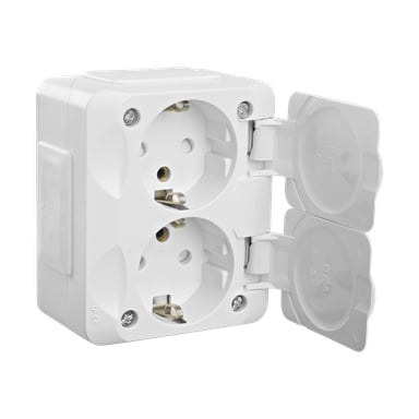 Schneider Electricin Aqua Stark -pistorasiassa on valkoinen kaksoissähköinen rakenne, jossa on kaksi pyöreää pistorasiaa, joista kumpikin on peitetty erillisillä saranoiduilla läppäillä. Suorakaiteen muotoinen muovikuori kiinnitetään paikalleen näkyvillä ruuveilla.