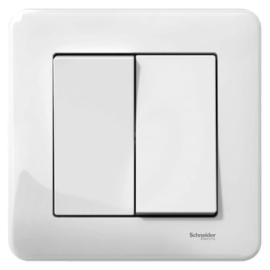 Ein Schneider Electric Exxact Primo-Stromschalter mit einer glänzend weißen Oberfläche und zwei Schaltern, der auf einer quadratischen Platte mit dem Markennamen unten rechts installiert ist.