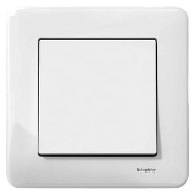En hvit, firkantet Exxact Primo-strømbryter fra Schneider Electric har en subtilt forhøyet sentralknapp innenfor en matchende ramme, med Schneider Electric-logoen vist nederst til høyre.