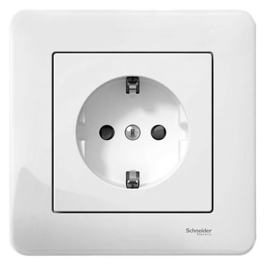 Schneider Electric Exxact Primo -pistorasia on valkoinen, eurooppalaistyylinen pistorasia, jossa on kaksi pyöreää aukkoa ja maadoitusklipsit neliönmuotoisen etulevyn sisällä. Alaoikeassa kulmassa on Schneider Electricin logo.