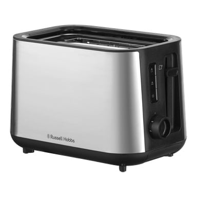 Russell Hobbs Heaton 2-slice toster ze stalą nierdzewną, czarnymi akcentami, podwójnymi szczelinami, trzema przyciskami i numerowanym pokrętłem do brązowienia.