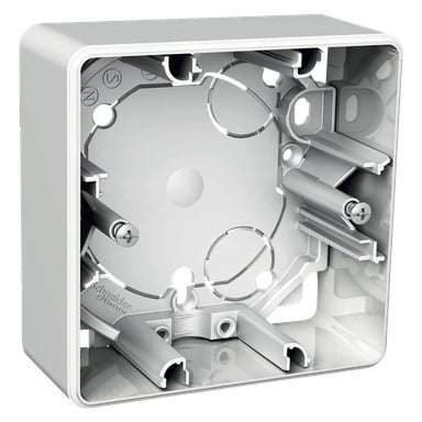 Eine Nahaufnahme einer ungenutzten weißen Schneider Electric Exxact Primo Pattress-Box, die ihre Montagelöcher, Schrauben und Kabelzugangsöffnungen zeigt. Die Box ist unmontiert und das Schneider-Electric-Logo ist deutlich zu sehen.