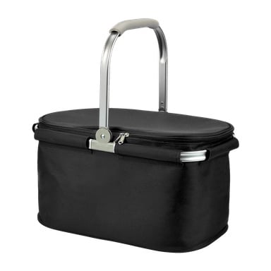 En svart kjølebag fra Kayoba med isolasjon, hengslet lokk, sølvfarget aluminiumshåndtak og glidelåslukking. Den rektangulære formen har mykt avrundede kanter.