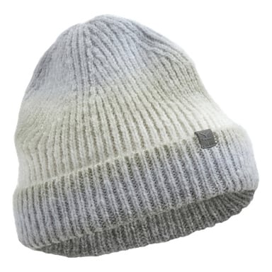Die Kayoba Outdoor-Kindermütze besteht aus einem grau-weißen, vertikal gerippten Strick, einem gefalteten Rand und einem kleinen Seitentag mit der Aufschrift "Kayoba".