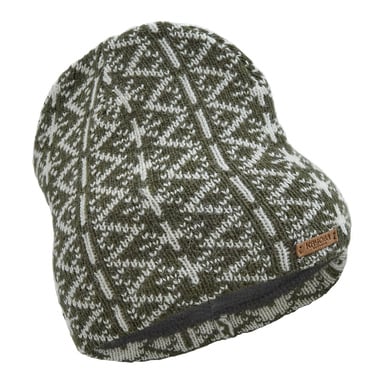 "Kayoba Outdoor Hat" är en grön och vit mössa med ett geometriskt stickat mönster och en liten brun läderetikett på brättet. Mössan beskrivs som mjuk, tjock och idealisk för kallt väder.
