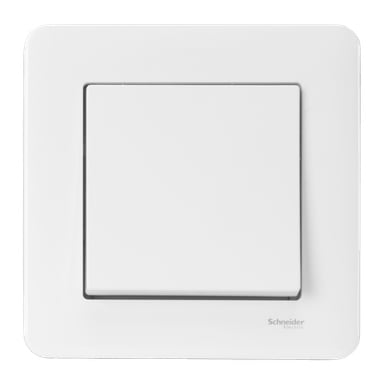 Nærbilde av en Schneider Electric Exxact Primo strømbryter med hvit firkantet design. Bryteren er slått av, og Schneider Electric-logoen vises nederst til høyre på bryterplaten.
