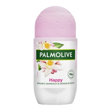 Palmolive Happy roll-on deodorant med bergamott, grapefrukt och apelsinblom, 48-timmars skydd, blommönster, rosa hatt.