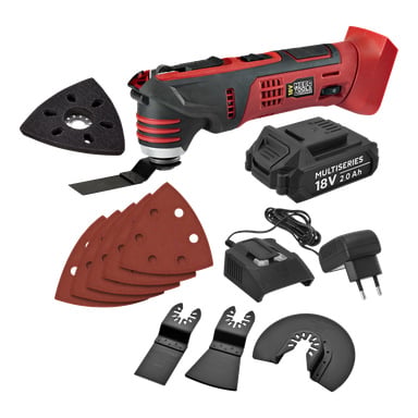 Meec Tools Multiseries MT-18V HOME 500-set med batteri, laddare, slipskivor, 3 blad, halvcirkelsåg och slipplatta.