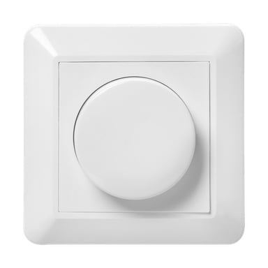 Vadsbo Transformatorer Dimmer VD 100 är en fyrkantig vit väggmonterad dimmerbrytare med en framträdande cirkulär ratt i mitten, sedd framifrån.