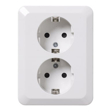Anslut Wall Socket esittelee kaksi pyöreää valkoista pistorasiaa, joissa on keskellä ruuvinpäät, ja ne on kiinnitetty kiiltävään suorakaiteen muotoiseen levyyn perinteisessä eurooppalaisessa mallissa.