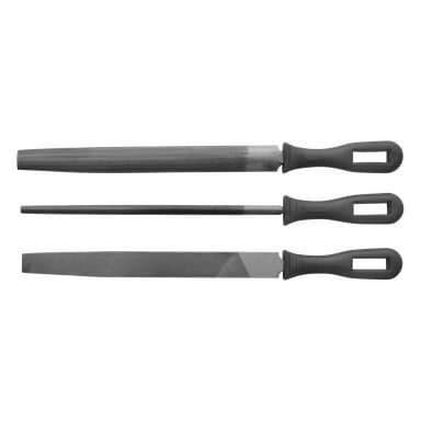 Zestaw Meec Tools File zawiera trzy metalowe pilniki ręczne z czarnymi uchwytami, każda różniąca się kształtem i powierzchnią pilnika, ułożone w rzędzie.