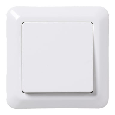 Et nærbilde av Anslut Switch, en hvit, firkantet lysbryter med avrundede hjørner og et glatt, moderne utseende. Den er installert på en hvit vegg og vises i av-posisjon.
