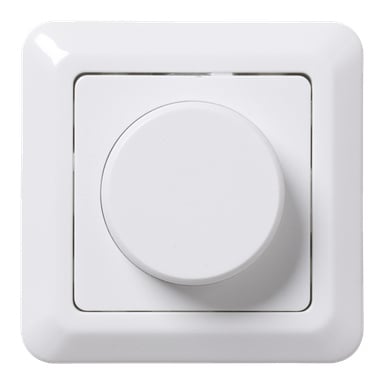 Et nærbilde av Anslut Dimmer viser en hvit veggmontert roterende bryter med firkantet base og en fremtredende sentral sirkelknapp for å justere lysintensiteten.