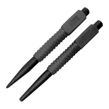Et Meec Tools-sett med midtstans og driftstans, begge merket 2,5 mm, har svarte rifplater og ligger side om side.