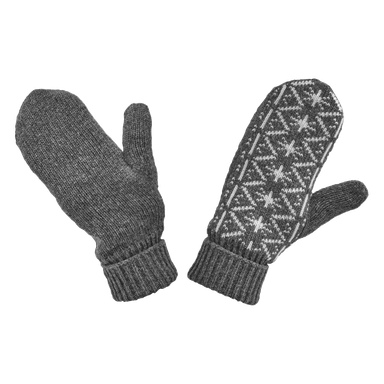 Kayoba Outdoor Mittens: en enfärgad grå, en med vit geometrisk design; Båda har resåriga muddar och visas med handflatan upp och ner.