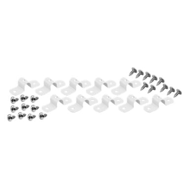 Hard Head Connector 10-pack set med tio vita metallbeslag, tio rundade skruvar och tio platta skruvar tillsammans visade.