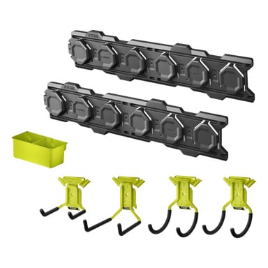 Ryobi LINK Starter Kit RSLWPK-7PC har 2 svarte veggorganisatorer, 1 gul kasse og 4 gule/svarte verktøykroker, alle kompatible.