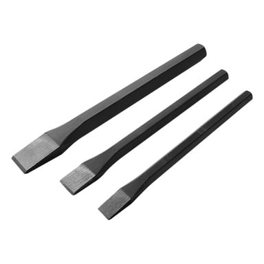 Tre Meec Tools kaldmeisler fra et tredelt sett er arrangert diagonalt, med kuttekanter pekende mot venstre.